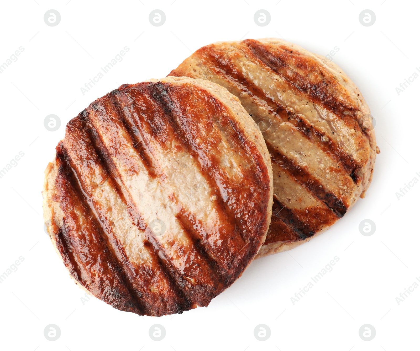 Photo of Tasty grilled burger cutlets isolated on white