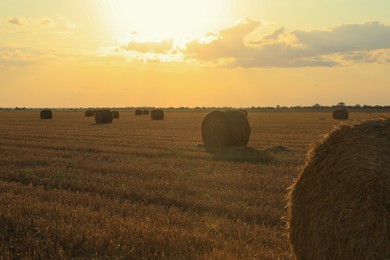 Beautiful view of agricultural field with hay bales