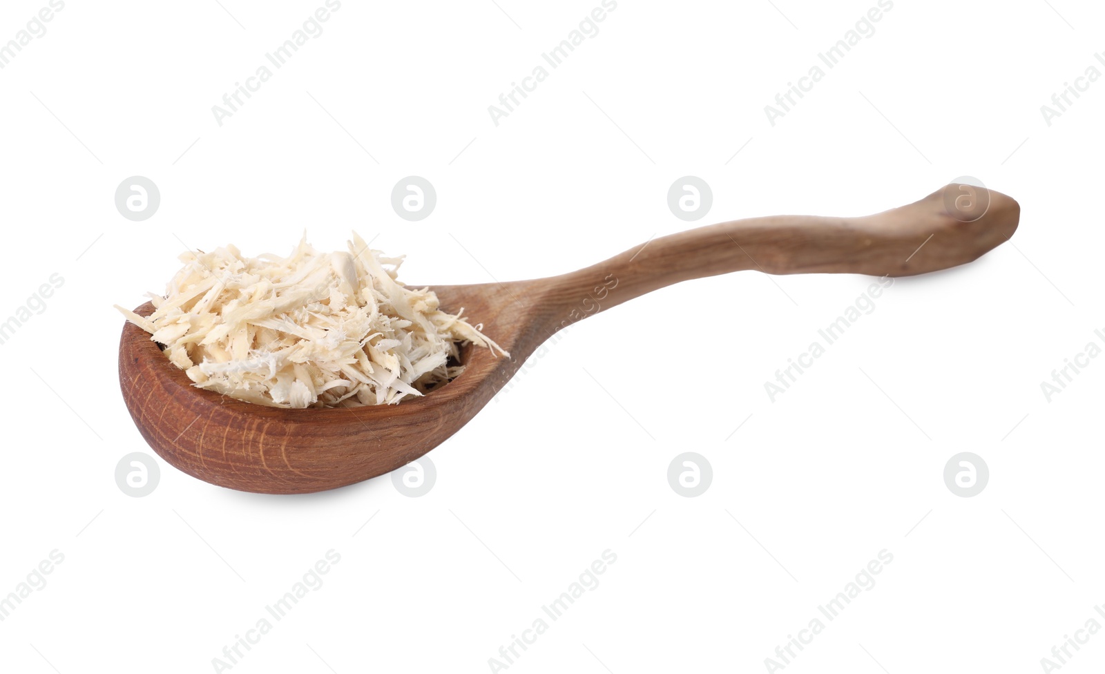 Photo of Spoon with grated horseradish isolated on white