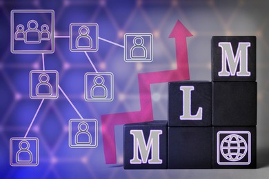 Image of Multi-level marketing. Black cubes with abbreviation MLM and globe icon, arrow and digital scheme on color background. Illustration of hierarchy