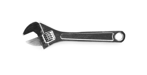 Photo of Adjustable wrench on white background, top view. Plumber tools