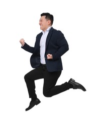 Photo of Businessman in suit jumping on white background