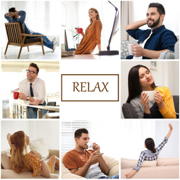 Collage of different people resting indoors and word Relax