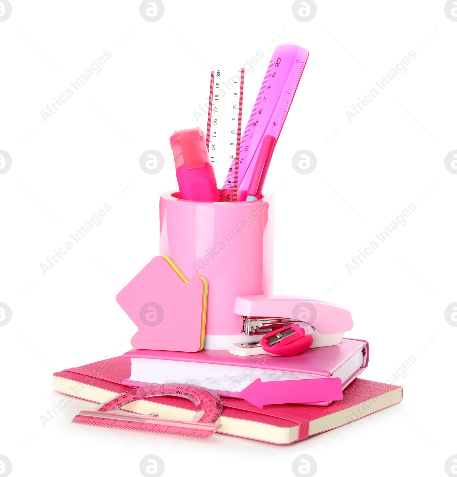 Photo of Set of colorful school stationery on white background