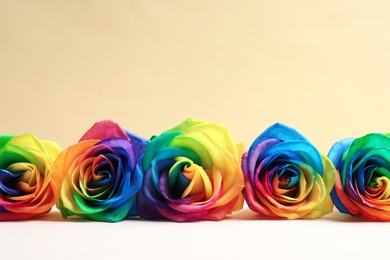 Photo of Rainbow rose flowers on table against color background