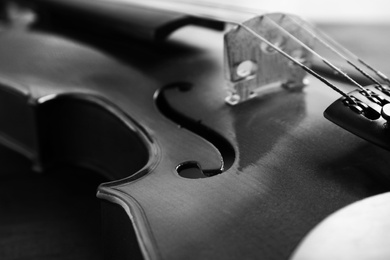 Image of Beautiful classic violin, closeup view. Musical instrument