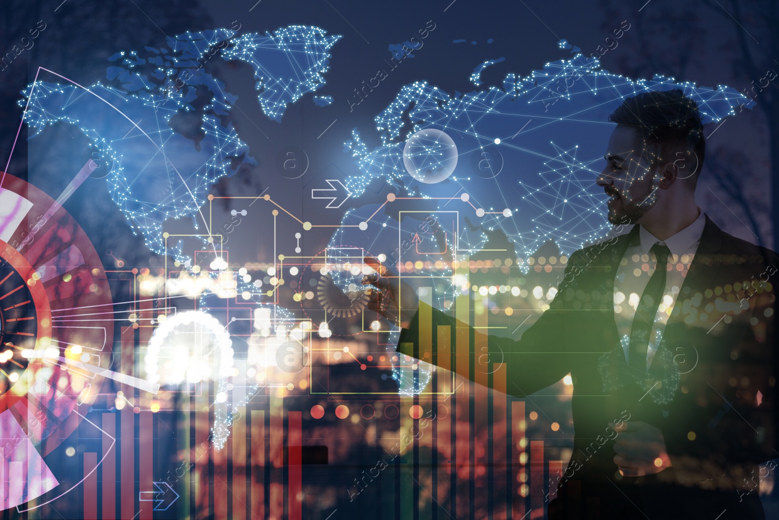 Image of Forex trading. World map with charts against double exposure of man and night city