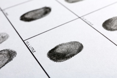 Photo of Fingerprint record sheet, closeup view. Criminal investigation