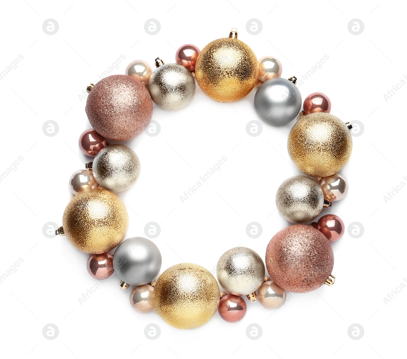 Photo of Beautiful Christmas wreath made of shiny baubles on white background, top view