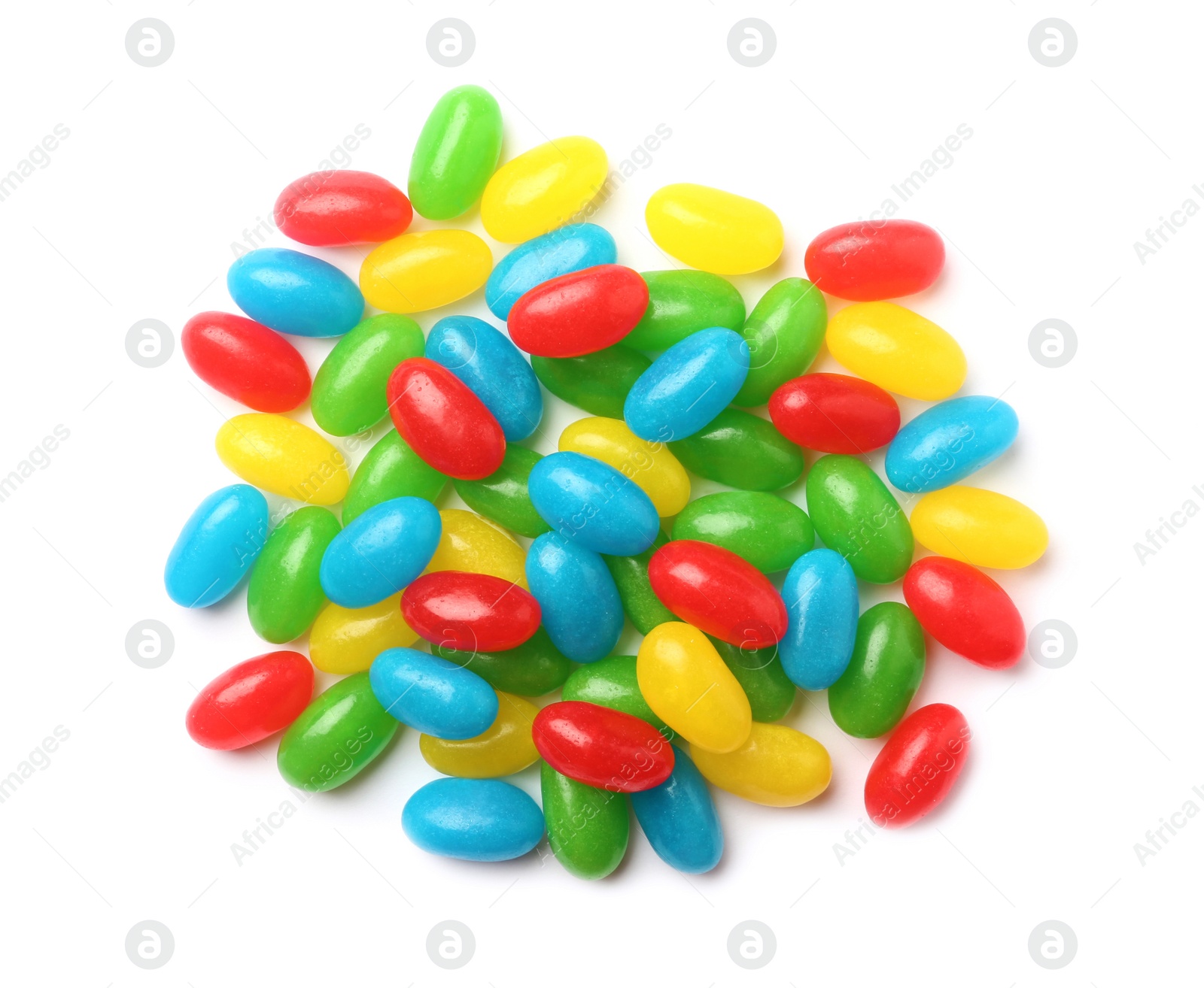 Photo of Pile of tasty bright jelly beans isolated on white, top view