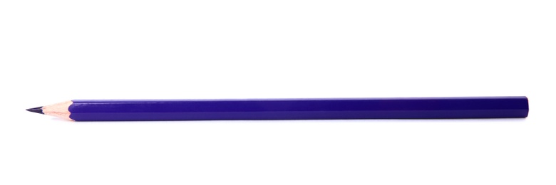 Photo of Purple wooden pencil on white background. School stationery