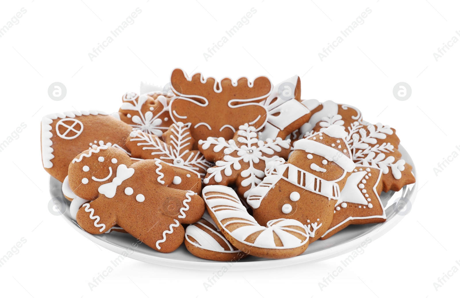 Photo of Delicious gingerbread Christmas cookies on white background