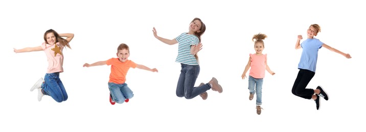 Image of Different kids jumping on white background, collage with photos