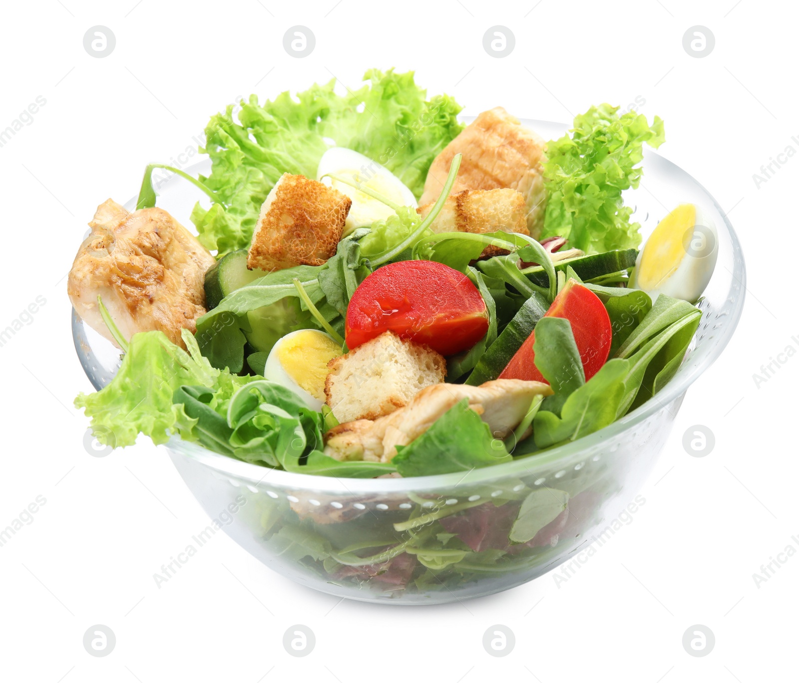 Photo of Tasty salad of fresh ingredients on white background