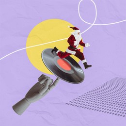 Christmas art collage. Mannequin hand touching vinyl record with running on it Santa Claus against color background