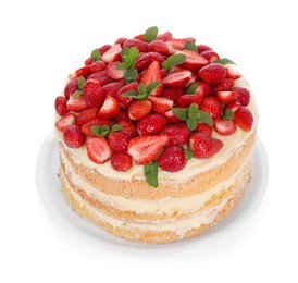 Photo of Tasty cake with fresh strawberries and mint isolated on white