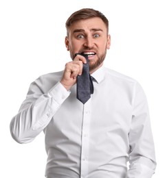 Photo of Portrait of emotional businessman on white background. Personality concept