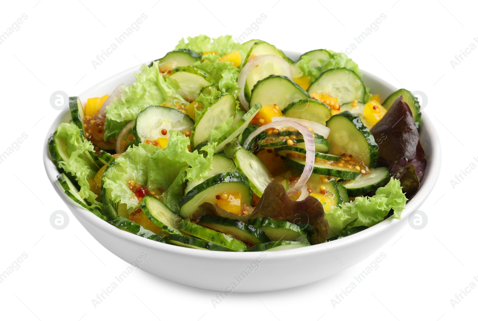 Photo of Bowl of delicious cucumber salad isolated on white