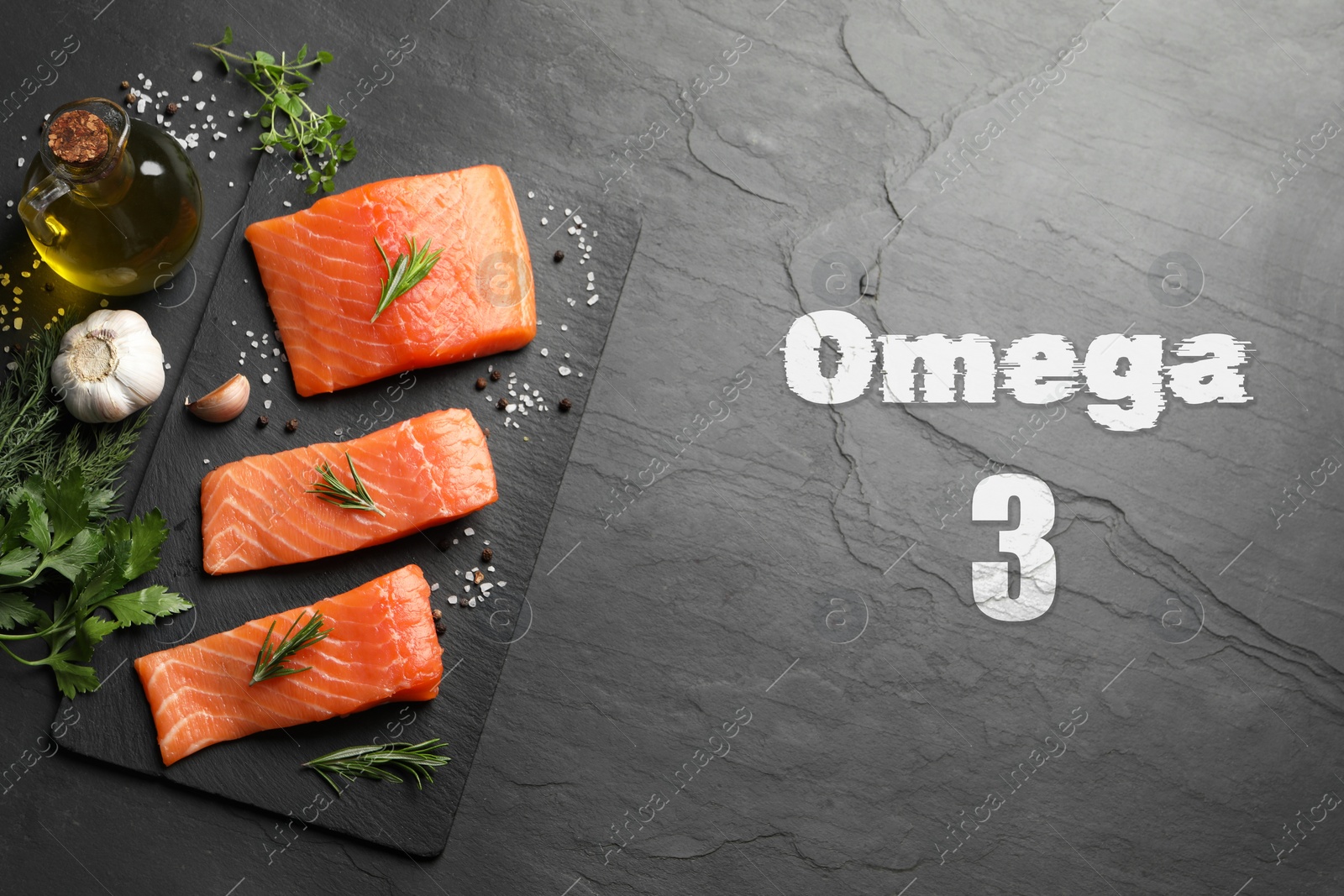 Image of Omega 3. Fresh cut salmon, herbs, oil and spices on black table, flat lay