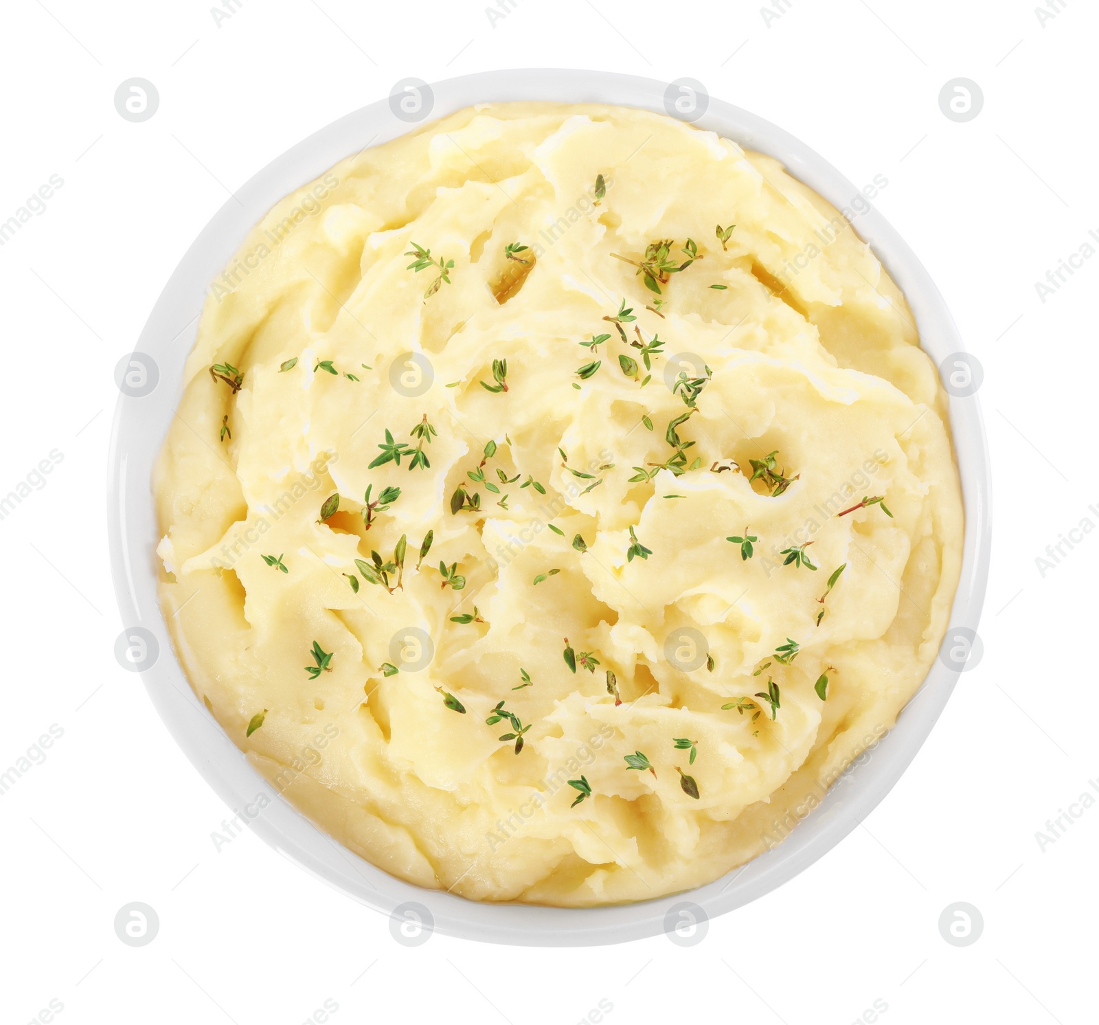 Photo of Bowl of tasty mashed potato with rosemary isolated on white, top view