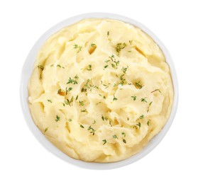 Photo of Bowl of tasty mashed potato with rosemary isolated on white, top view