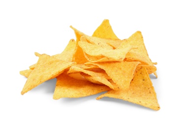 Photo of Tasty Mexican nachos chips on white background