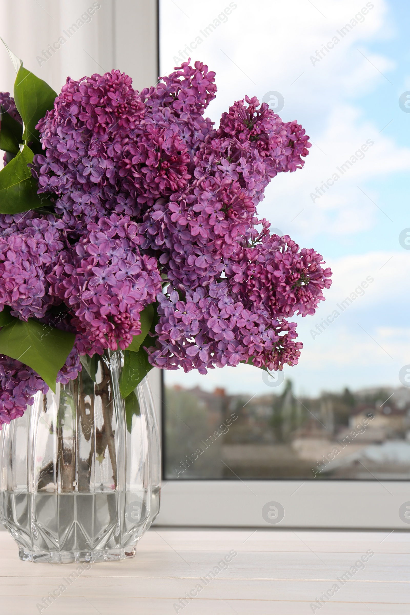 Photo of Beautiful lilac flowers in vase on white wooden table indoors, space for text