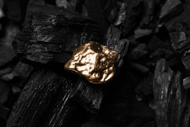 Shiny gold nugget on coals, closeup view