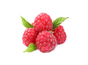 Many fresh ripe raspberries and green leaves isolated on white