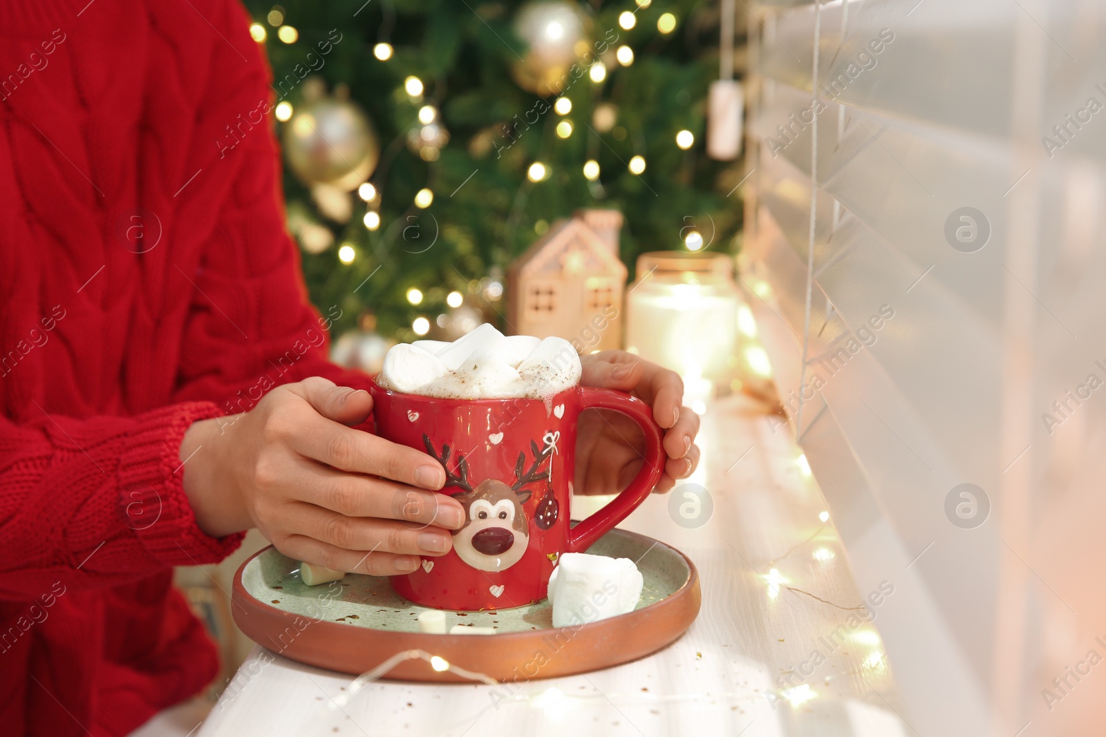 Photo of Woman with delicious marshmallow cocoa near window indoors, closeup. Christmas celebration