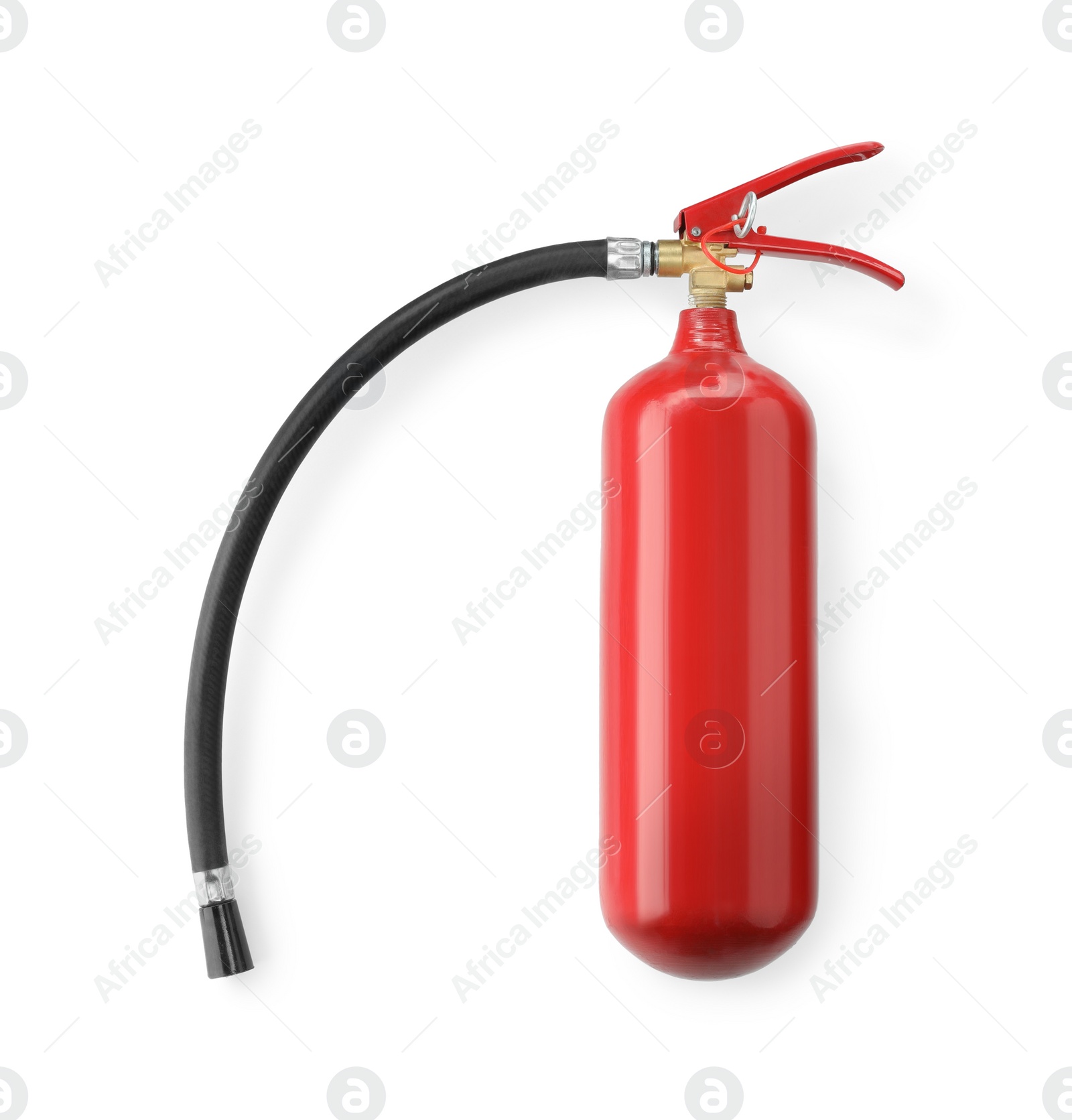 Photo of One red fire extinguisher on white background