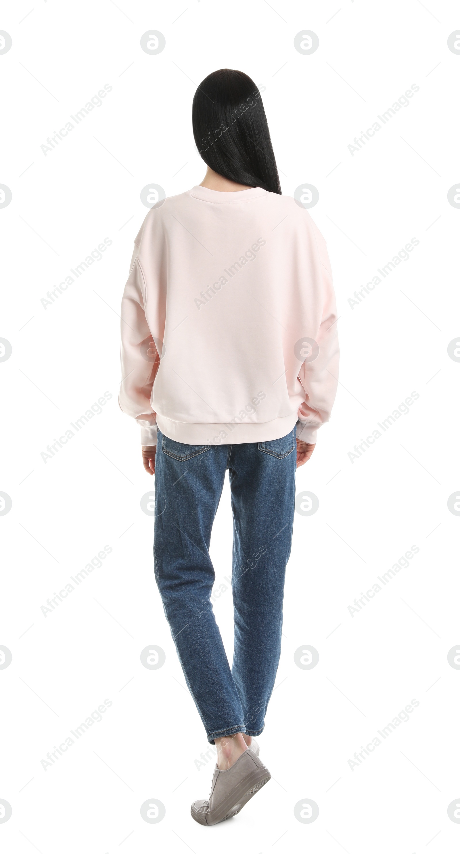 Photo of Young woman in sweater isolated on white. Mock up for design