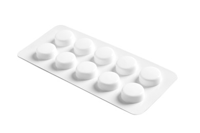 Photo of Blister of pills on white background. Medicinal treatment