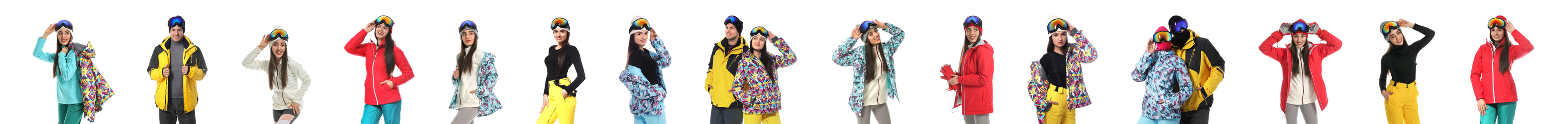 Image of Collage of people wearing winter sports clothes on white background. Banner design 