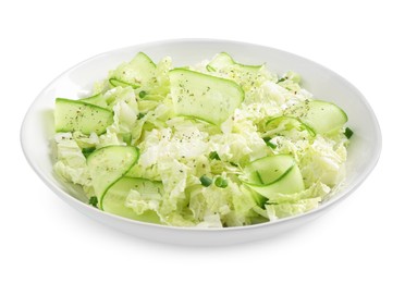 Photo of Tasty salad with Chinese cabbage, cucumber and green onion in bowl isolated on white