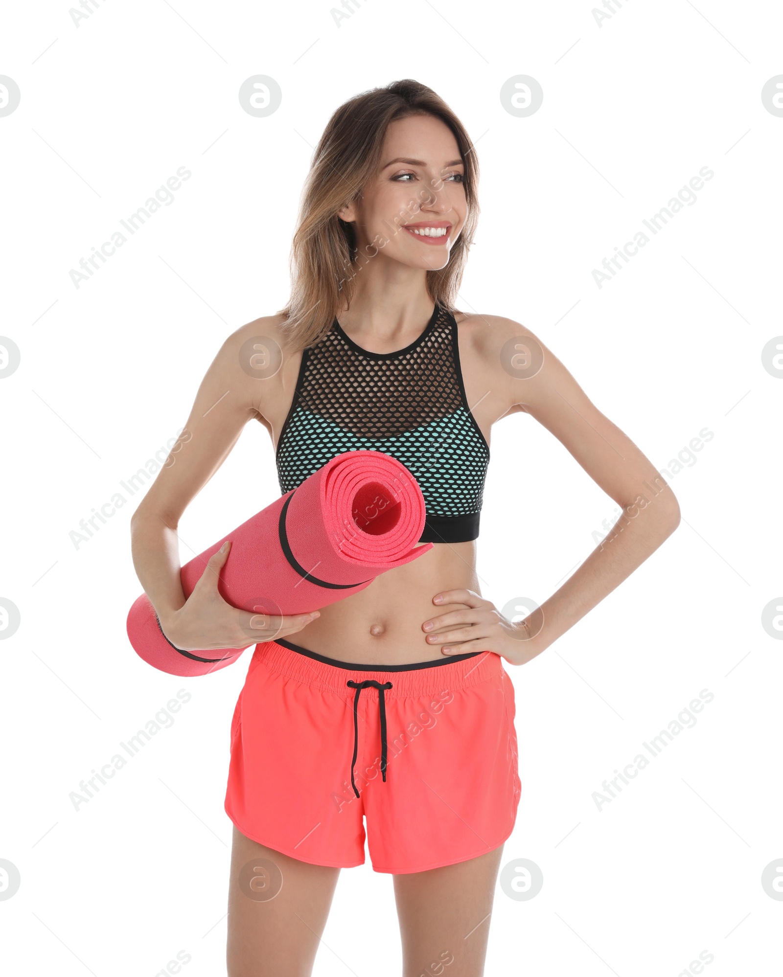 Photo of Beautiful woman with yoga mat on white background