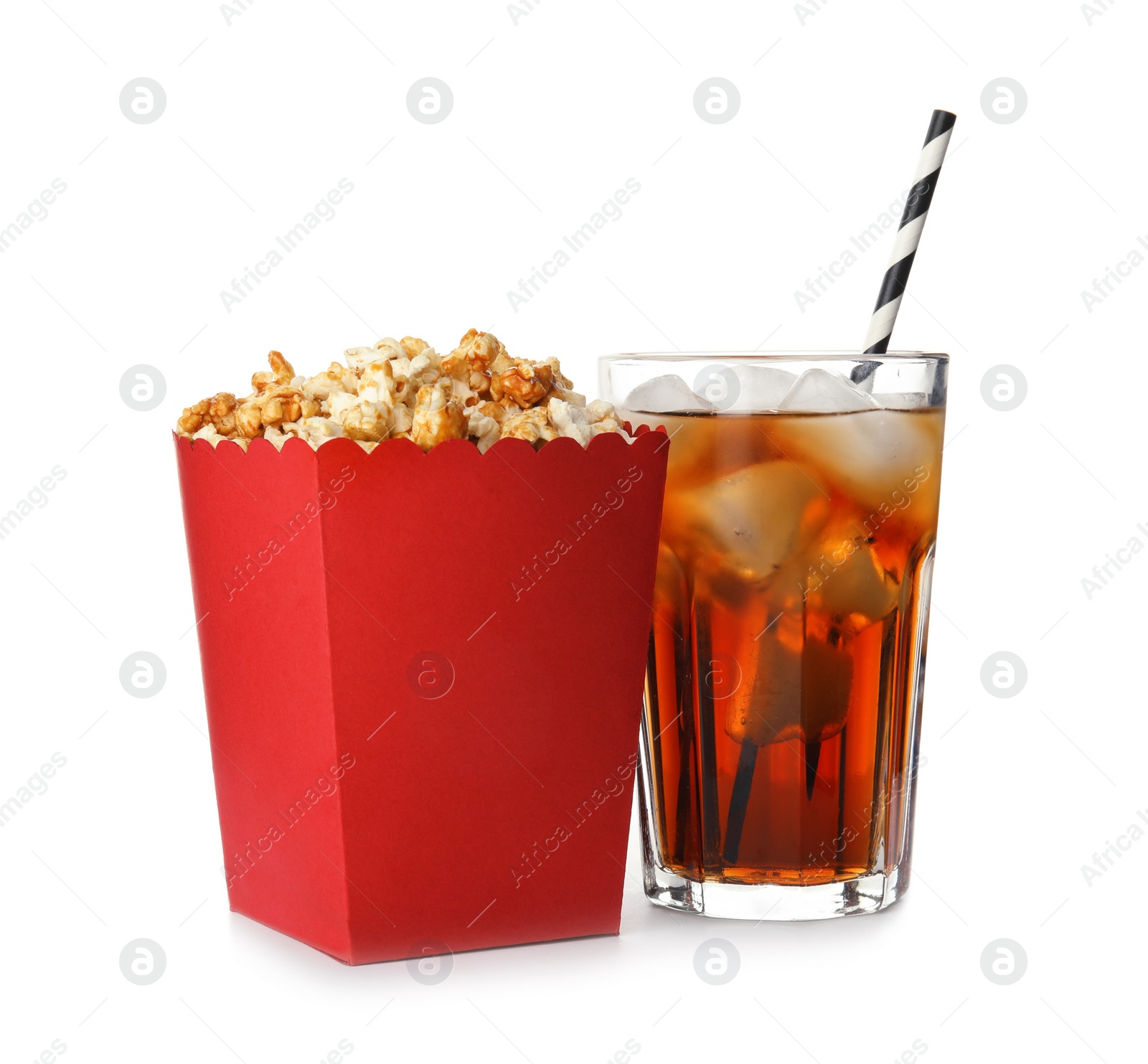 Photo of Bucket with delicious popcorn and glass of cola on white background