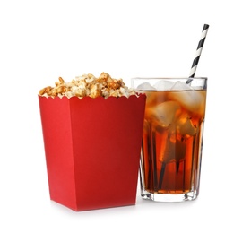 Photo of Bucket with delicious popcorn and glass of cola on white background