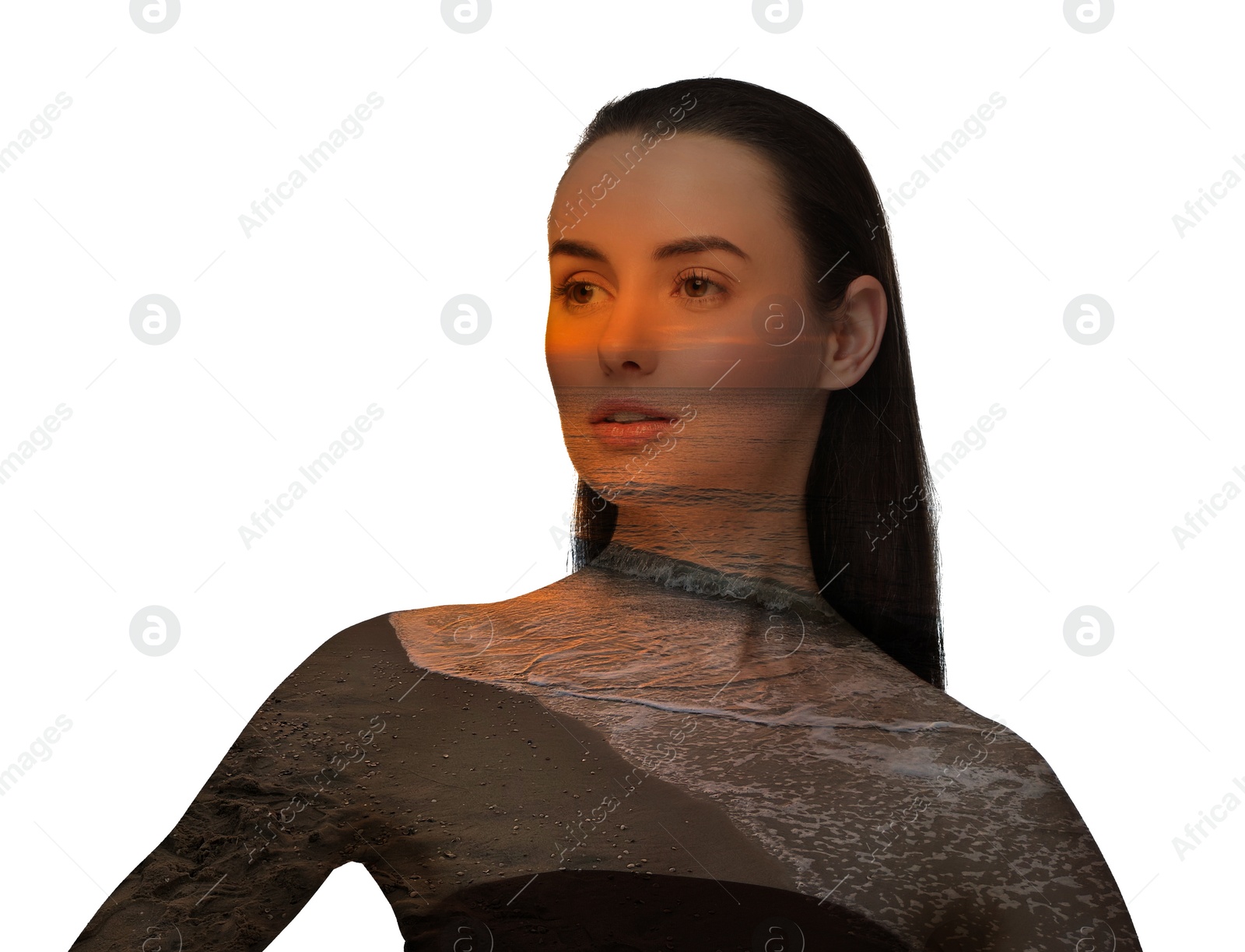 Image of Double exposure of beautiful woman and sea at sunset