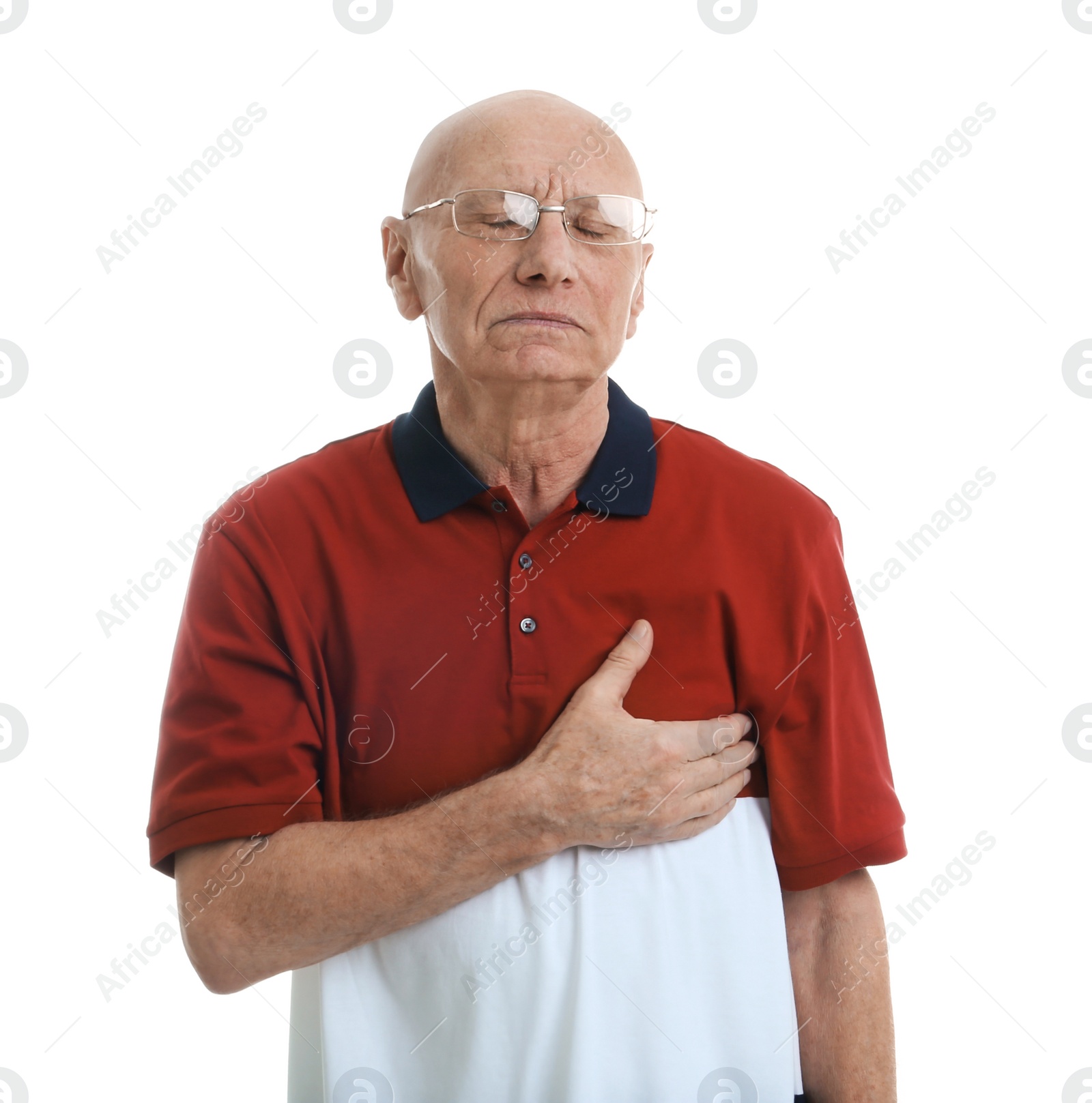 Photo of Elderly man suffering from pain in chest on white background