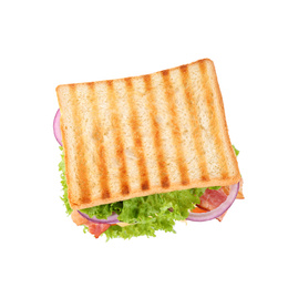 Photo of Tasty sandwich with toasted bread isolated on white, top view