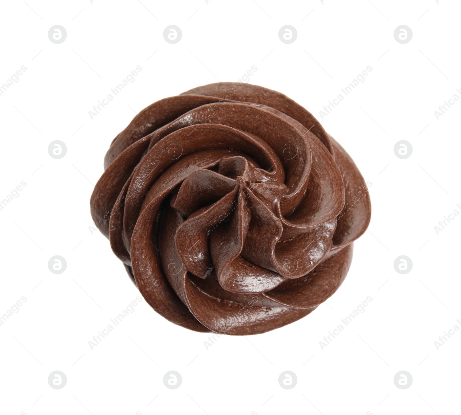 Photo of Delicious chocolate cupcake with cream isolated on white, top view