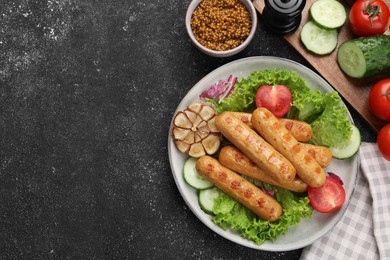 Photo of Delicious grilled vegan sausages with fresh herbs and vegetables on grey table, flat lay. Space for text