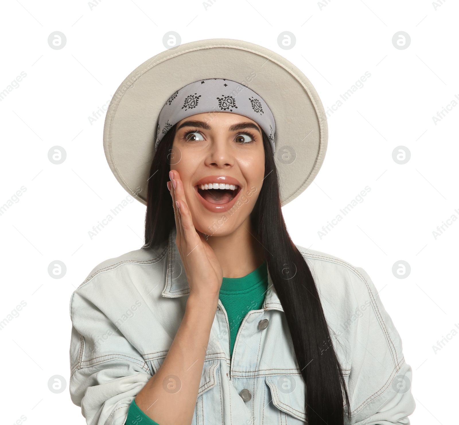 Photo of Fashionable young woman in stylish outfit with bandana on white background