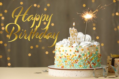 Image of Happy Birthday! Beautiful cake with festive decor on white table