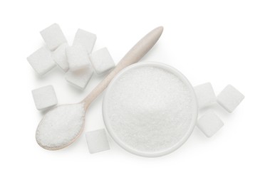 Different types of sugar isolated on white, top view
