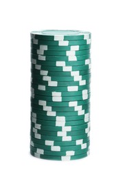 Photo of Green casino chips stacked on white background. Poker game