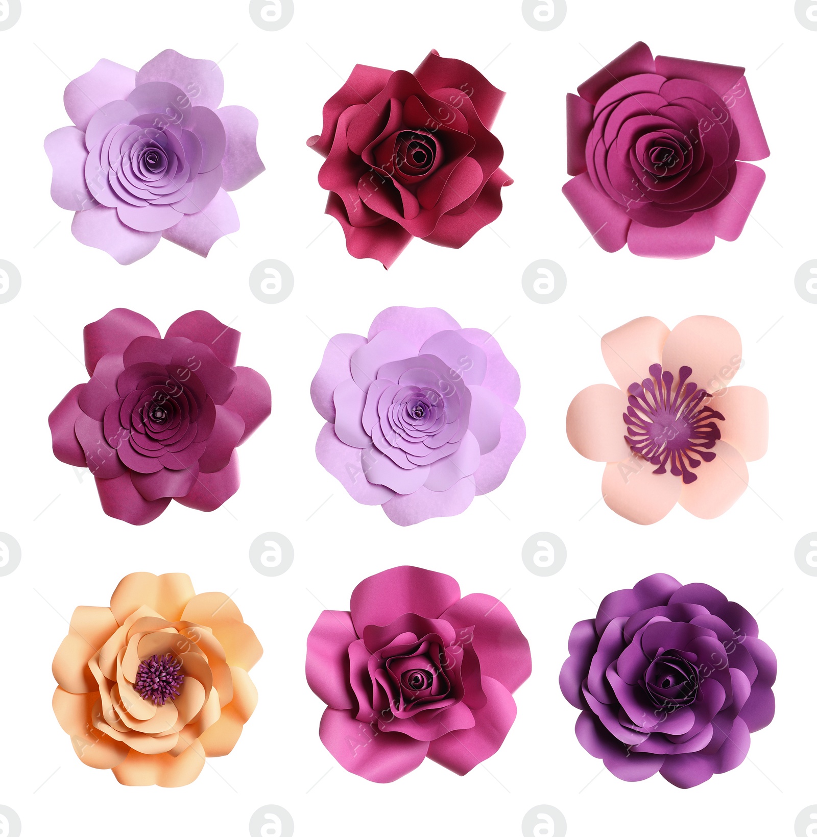 Image of Set with beautiful flowers made of paper on white background, top view 