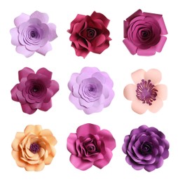 Image of Set with beautiful flowers made of paper on white background, top view 