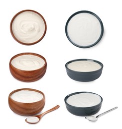 Image of Set with delicious organic yogurts on white background